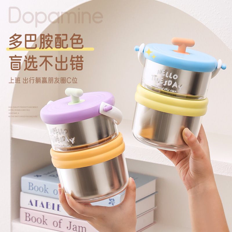 Minimalist 304 Stainless Steel Double-Layer Bucket Lunch Box Student Portable Porridge Jar Soup Cup Portable Small Lunch Bento Box