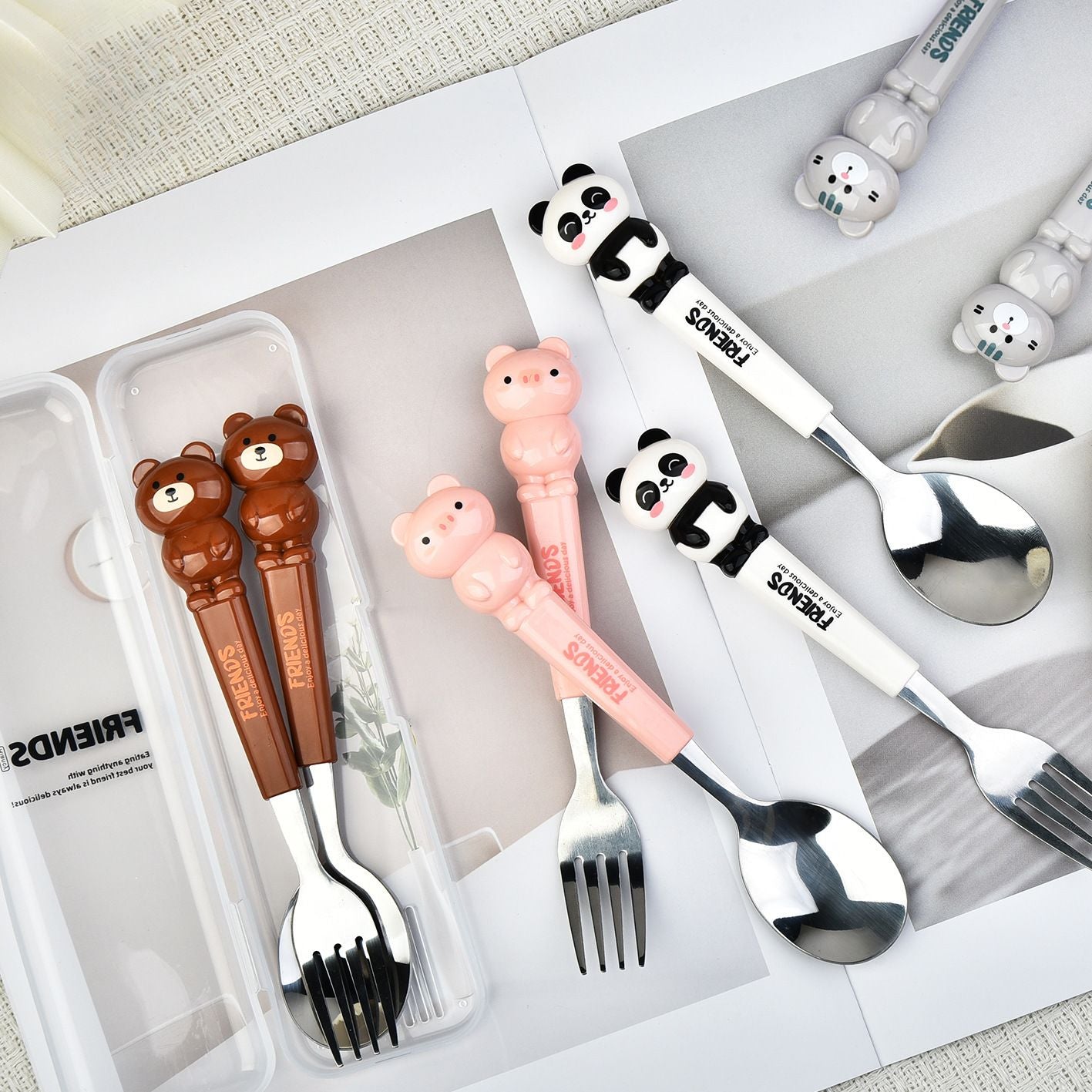 Cartoon Little Bear Frog Stainless Steel Tableware Set Student Spoon and Fork Set 2-Piece Set Storage Portable Travel
