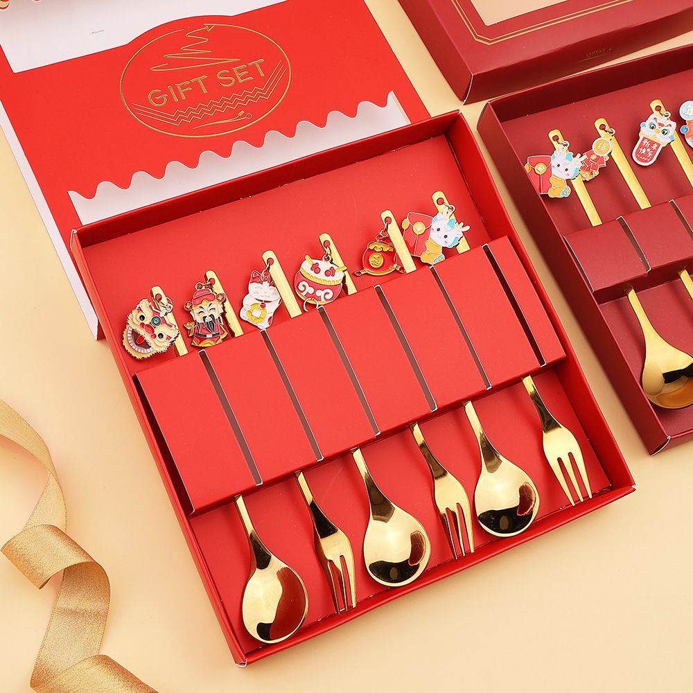New Year Tableware Spoon and Fork Set Q Cute Year of Dragon Spoon Lucky Cat God of Wealth Fortune Bag Fruit Fork Gift Set