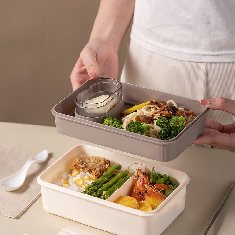 Minimalist Double-Layer Student Plastic Compartment Lunch Box Office Worker Lunch Bento Box Microwave Safe Heating