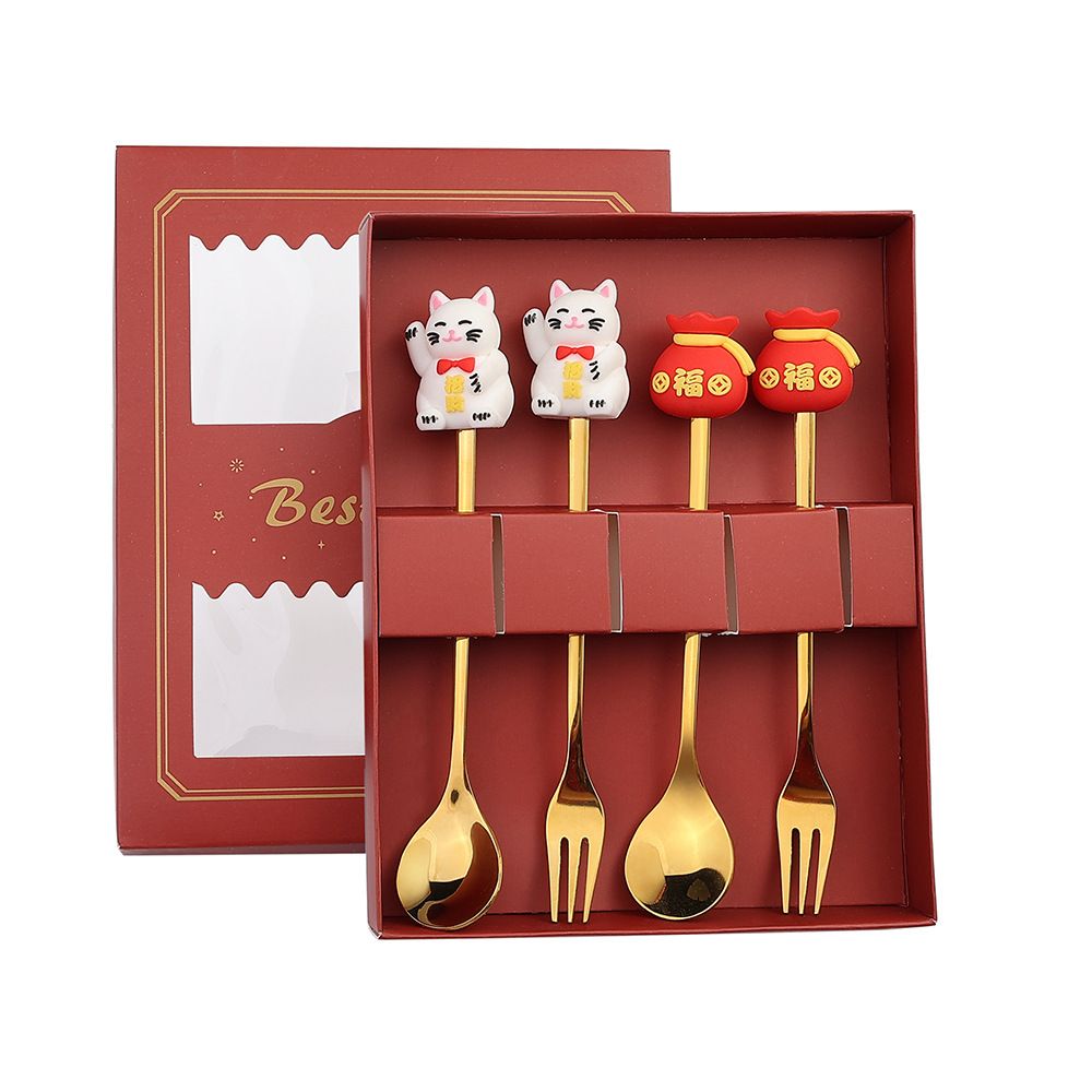 New Year Tableware Spoon and Fork Set Q Cute Year of Dragon Spoon Lucky Cat God of Wealth Fortune Bag Fruit Fork Gift Set