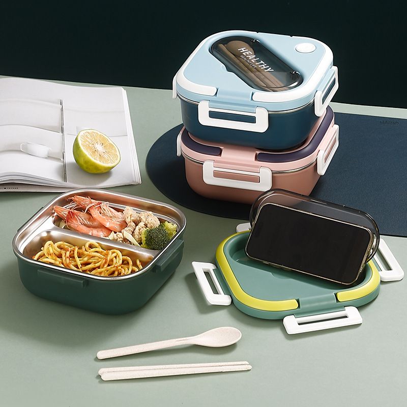 Minimalist 304 Stainless Steel Compartment Lunch Box Office Worker Lunch Bento Box with Cutlery Spoon and Chopsticks Portable Food Container