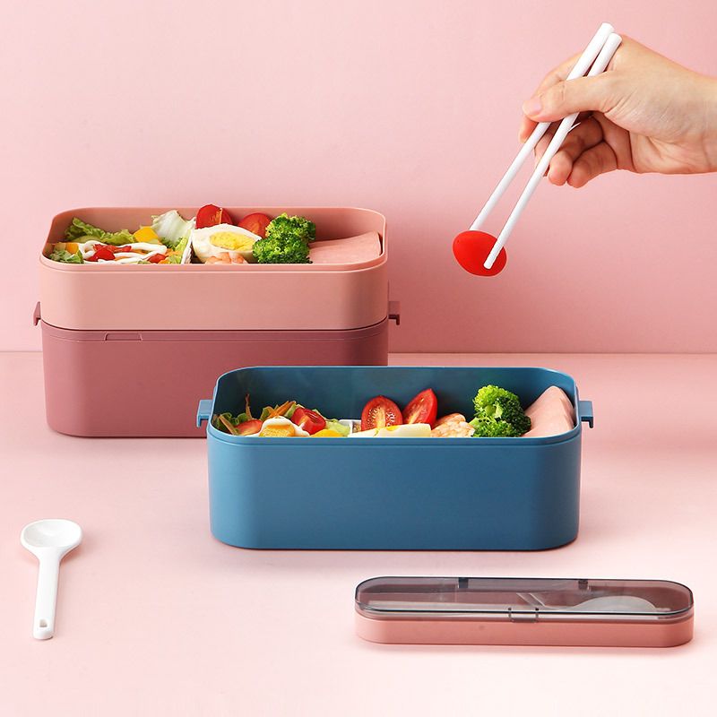 Student Japanese Style Double-Layer Lunch Box Microwave Heating Office Worker Portable Compartment Lunch Bento Box with Spoon and Chopsticks